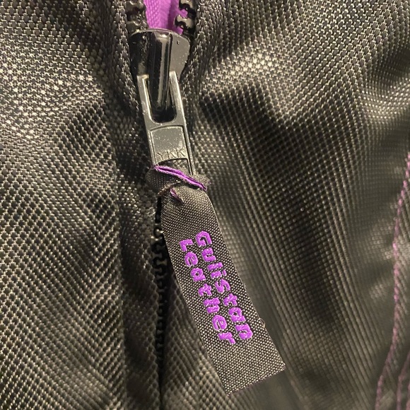 Leather Women's Black and Purple Leather Hoodie Jacket with Reflective Design - Picture 3 of 5
